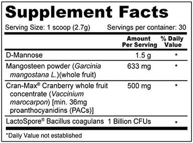 Vital UT Urinary Tract Supplement with Cranberry 36mg PACs dMannose Mangosteen and LactoSpore Probiotic 30 Servings Powder