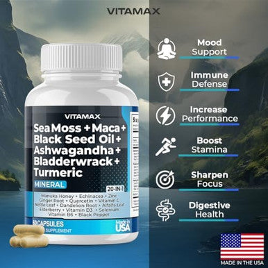 Sea Moss 3000Mg Maca 1000Mg Black Seed Oil 2000Mg Ashwagandha 1000Mg Bladderwrack, Turmeric - Manuka, Elderberry, Vitamins C & D3, Chlorophyll, Zinc, Black Pepper - Made In Usa (60 Count (Pack Of 1)