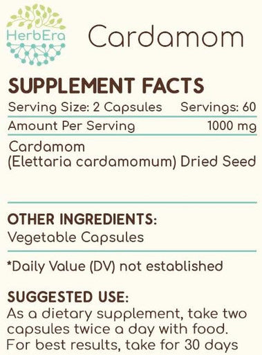 HerbEra Cardamom 120 Capsules, 500 mg, Cardamom (Elettaria cardamomum) Dried Pod (120 Capsules)