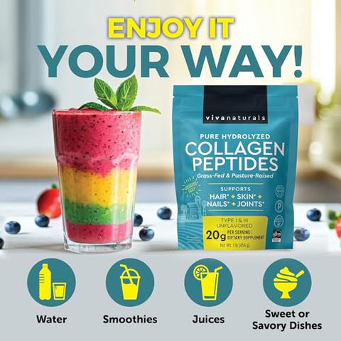 Viva Naturals Collagen Peptides Powder - Grass-Fed Hydrolyzed Bovine Type I & Iii - 19 G Protein Unflavored Easy Dissolving - Joint Skin Hair & Nail Support - Paleo Keto Non-Gmo 1Lb