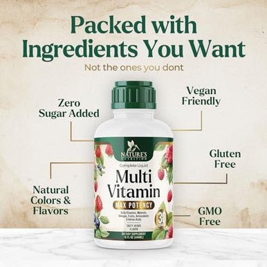 Liquid Multivitamin, Sugar Multi Vitamin For Women Men & Kids, Vitamins A, C, D, B-12, Biotin & Zinc For Beauty, Skin Care, Thicker Hair Growth & Wrinkles, Non-Gmo, Vegan, Berry Flavor, 15 Fl Oz