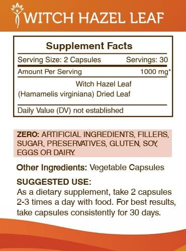 Secrets of the Tribe Witch Hazel Leaf 60 Capsules, 1000 mg, Witch Hazel Leaf (Hamamelis virginiana) Dried Leaf (60 Capsules)