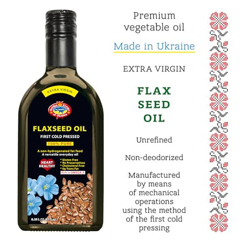 Flax Seed Cooking Oil - Amber Glass Bottle - Extra Virgin, Cold Pressed Flaxseed Oil Unrefined and Non-Deodorized Pure Essential 11.83 OZ