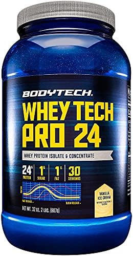 Bodytech Whey Tech Pro24 Protein Powder 24G Protein Per Serving Supports Muscle Growth & Recovery Vanilla Ice Cream (2 Lb 30 Servings)