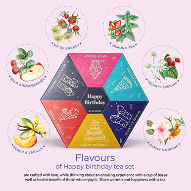 Acorus Happy Birthday Tea Sets | Assorted Tea Set Birthday Present to Those Who We Care about | Herbal Fruit and Black Tea Variety Pack with Warm Wishes Written all Over the Box | 60 Tea Bags