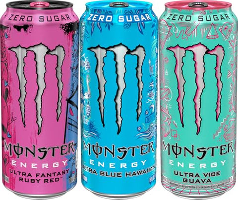 Monster Energy Ultra Variety Pack, Blue Hawaiian, Ultra Vice Guava, Ultra Fantasy Ruby Red, Sugar Free Energy Drink, 16 Ounce (Pack of 15)