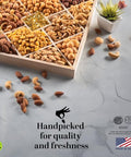 NUT CRAVINGS - Purim Mishloach Manot Mixed Nuts Gift Basket in Reusable Diamond Wooden Tray + Green Ribbon (12 Assortments) Ramadan Gifts Treats for Adults, Healthy Snack Care Package, Kosher