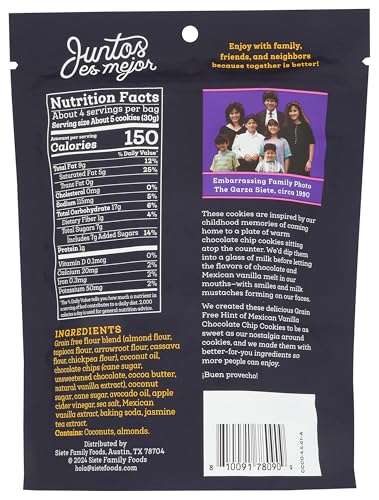 Siete Gluten Free Chocolate Chip Cookies w/ Hint of Mexican Vanilla | Vegan | Grain Free | Non GMO | Dairy Free | Made with Almond Flour & Coconut Oil | 4.5 Oz. Bag (Pack of 1)