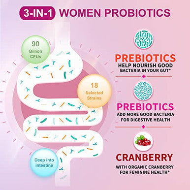 OMOGS Womens Probiotic with Cranberry Extract Organic Prebiotics and Vitamin C 90 Billion CFUs 18 Strains Help for Boost Immune Digestive Gut Health and Womens Health Gluten and Soy Free 90 Tablets