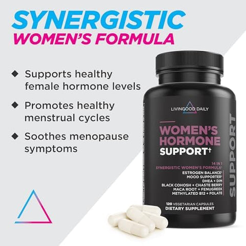 Livingood Daily WomenS Hormone Support Supplement Estrogen Balance With Fenugreek Black Cohosh Chasteberry Dim Natural Pms & Menopause Support Non Gmo Gluten Vegetarian Capsules 120 Ct