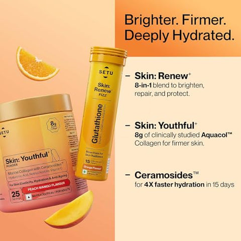 Setu Radiant Skin Combo Contains 8G Marine Collagen Ceramosides & 8-In-1 Glutathione Fizzy Tabs Supports Radiant Healthy Skin For Men & Women