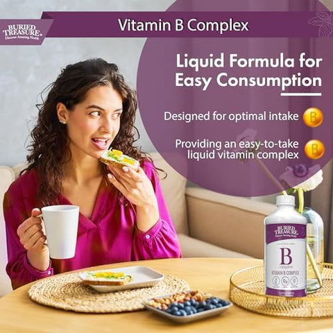 Buried Treasure B Complete Liquid Vitamin B Complex with MethylCobalamin B12 and MethylFolate B9 Biotin B1 B2B3 B5 B6 Liquid and SugarFree Women and Men Dose Cup for Measuring
