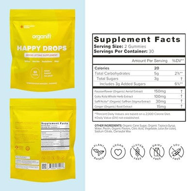 Organifi Happy Drops - Daily Superfood Happy Gummies For Adults - Mood Support Supplement For Balance, Bliss, Energy And Taking The Edge Off - Sweet Lemon Flavor - 60 Gummies