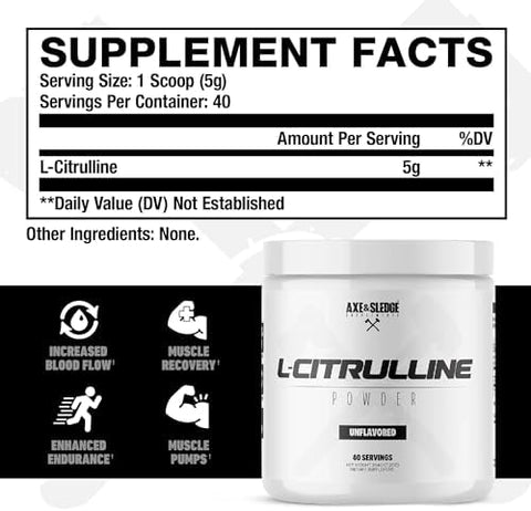Axe & Sledge Basics Citrulline 5G Pure Citrulline Unflavored 40 Servings Boost Nitric Oxide Production L-Citrulline Supplements For Men & Women - Stamina Performance & Endurance For Workouts