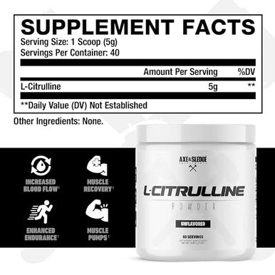 Axe & Sledge Basics Citrulline 5G Pure Citrulline Unflavored 40 Servings Boost Nitric Oxide Production L-Citrulline Supplements For Men & Women - Stamina Performance & Endurance For Workouts