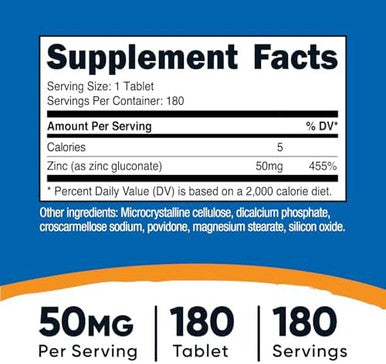 Nutricost Zinc Gluconate 50Mg, 180 Tablets - Gmo-Free