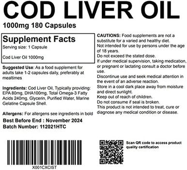 Cod Liver Oil 1000mg 360 Capsules, Softgels - Pure, UK Made. Pharmaceutical Grade