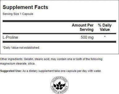 Swanson Amino Acid L-Proline Dietary Supplement Collagen Connective Tissue Support 500 mg 100 Capsules