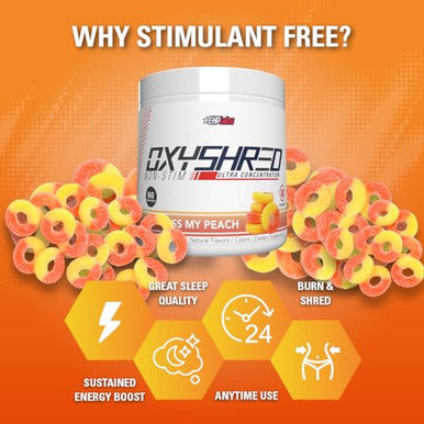EHP Labs OxyShred Non Stimulant Pre Workout Powder Stim Free Pre Workout Caffeine Free Preworkout for Men and Women with L Glutamine and Acetyl L Carnitine Peach 60 Servings