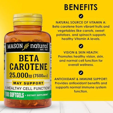 Mason Natural Vitamin A Beta Carotene 25000 Iu Supports Vision Cell Function & Immune Health 100 Softgels Pack Of 3