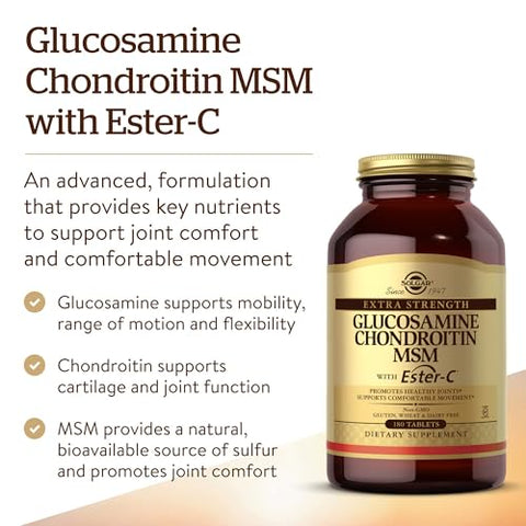 Solgar Extra Strength Glucosamine Chondroitin Msm W/Ester-C 180 Tablets - Promotes Healthy Joints Supports Comfortable Movement & Collagen Formation - Non-Gmo Gluten No Dairy No 60 Servings