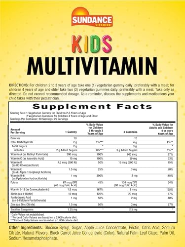 Sundance Kids Multivitamin Gummies With Vitamins D3 C B12 And Zinc 50 Count Mixed Berry Flavor Vegetarian Nongmo & Gluten Supplement