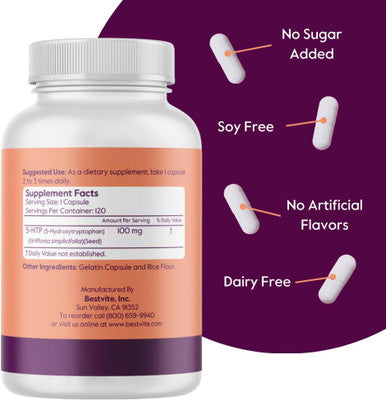 Bestvite 5-HTP 100mg (240 Capsules) (120 x 2) - No Stearates or Flow Agents - Gluten - Non GMO