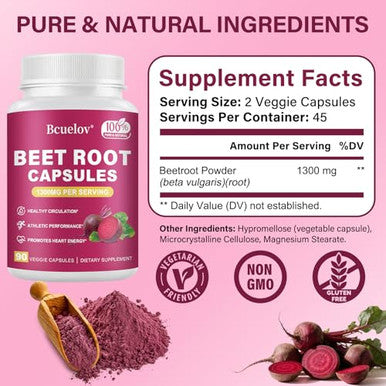 Bcuelov Beet Root Capsules | 1300Mg Pure Beetroot Powder Capsules Supports Blood Pressure Natural Energy & Endurance - 90 Capsules 45 Days Supply