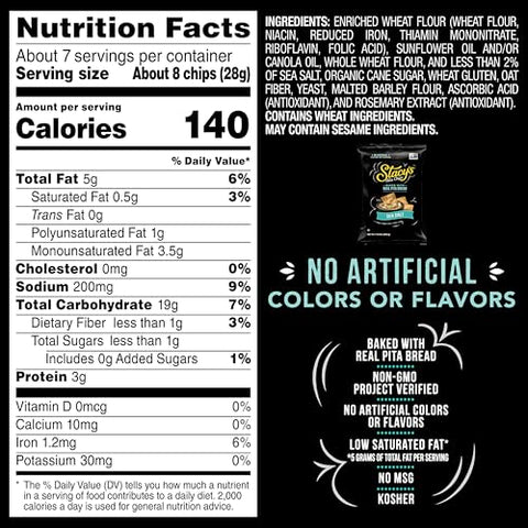 Stacy's Pita Chips Sea Salt No Artificial Colors or Flavors 7.33 Oz