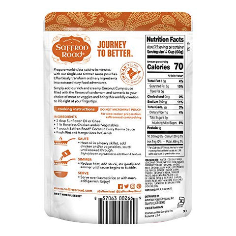 Saffron Road Simmer Sauce Tikka Masala and Coconut Curry - Non-GMO, Gluten-Free, Halal, Kosher, Vegan (7 Ounce (Pack of 8))