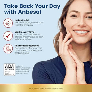Anbesol Maximum Strength Liquid Instant Oral Pain Relief For Toothaches Mouth Sores Gum Braces & Denture Pain Ada Accepted 0.41 Oz