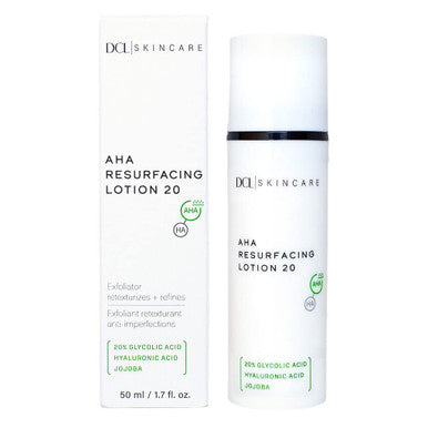 DCL Skincare AHA Resurfacing Lotion 20, 20% Glycolic Acid exfoliates while hydrating, reducing fine lines with Hyaluronic Acid, Vitamin E, Shea Butter, Jojoba, Green Tea 1.7 Fl oz