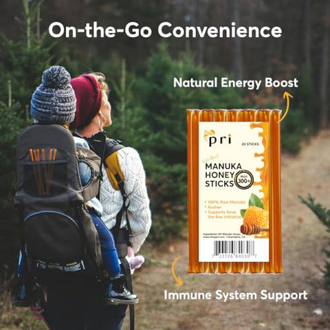 P.R.I Manuka Honey Sticks, MGO 300+, Raw New Zealand Manuka Honey, Premium SingleÃ¢â‚¬â€˜Serve OnÃ¢â‚¬â€˜theÃ¢â‚¬â€˜Go Pack, 20 Count