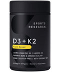 Sports Research Vegan Vitamin D3 K2 Supplement with Organic Coconut Oil 5000iu Vitamin D with 100mcg Mk7 Vitamin K Supports Calcium for Stronger Bones Immune Health 60 Softgels for Adults