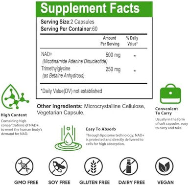 Liposomal Nad+ Supplement 500 Mg, With Tmg 250 Mg, Boost Nad+ High Absorption For Cellular Energy And Age Resist-120 Capsules