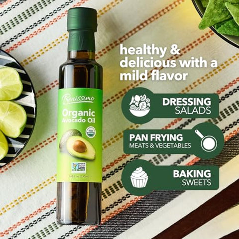 Benissimo 100% Pure Organic Avocado Oil Ã¢â‚¬â€œ Cold-Pressed, Non-GMO, Allergen-Free Cooking Oil, 8.45 Fl Oz - Perfect for SautÃƒÂ©ing, Frying, Baking & Salads