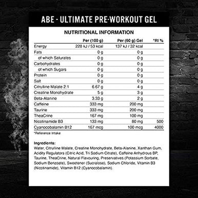 Applied Nutrition ABE Pre Workout Energy Gel Increases Physical Performance with Citrulline Creatine Beta Alanine Caffeine Vitamin B Complex All Black Everything Box 20 x 60g (ICY Blue Raz)