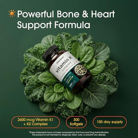 NatureBell Vitamin K Complex 300 Softgels Delivers 2600mcg Vitamin K Full Spectrum Bone and Heart Health Support Supplement High Absorption K1 and K2 MK4 and MK7*