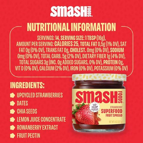 Smash Foods Strawberry Superfood Fruit Spread, No Sugar Added, Keto Jam with Chia Seeds, Vegan, Low-Calorie, 17.5 oz