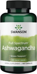 Swanson Ashwagandha Powder Supplement-Ashwagandha Root & Aerial Parts Supplement Promoting Stress Relief & Energy Support-Ayurvedic Supplement for Natural Wellness (100 Capsules 450mg Each)