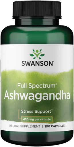 Swanson Ashwagandha Powder Supplement-Ashwagandha Root & Aerial Parts Supplement Promoting Stress Relief & Energy Support-Ayurvedic Supplement for Natural Wellness (100 Capsules 450mg Each)