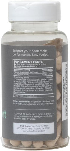 Pure For Men T-Support Supplement Vegetarian Total Support For Men With Maca, Vitamin D, & Ashwagandha, Muscle Health Endurance, Strength, Focus, & Energy Support 60 Capsules
