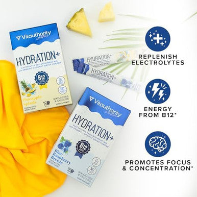 Vitauthority Hydration Electrolyte Powder Packets Blend Magnesium Calcium Sodium Potassium Coconut Water + Vitamin C & B12 Sugar-, Vegan, Non-Gmo, Energy & Immune Support, 18 Servings Blue Raspberry Flavor