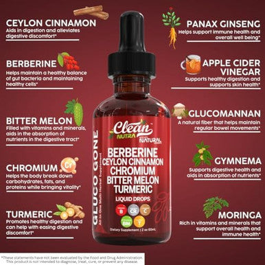 Organic Ceylon Cinnamon Berberine Liquid Drops Supplement With Bitter Melon Extract, Glucomannan, Gymnema, Chromium, Turmeric, Organic Panax Ginseng, Apple Cider Vinegar, Moringa Powder Vegetarian
