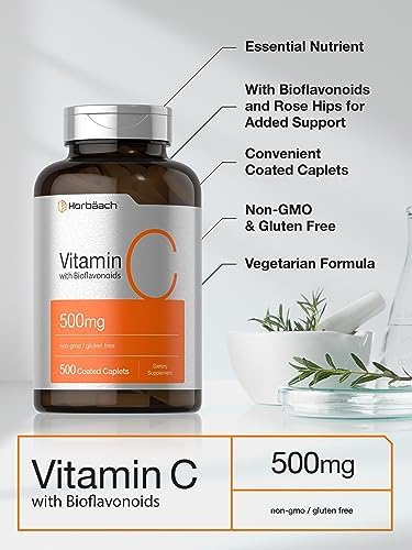 Horbaach Vitamin C 500mg 500 Caplets with Bioflavonoids and Rose Hips Supplement for Women and Men Vegetarian NonGMO and Gluten Free