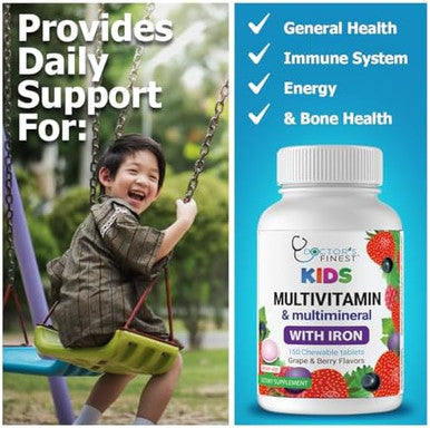 Doctor'S Finest Kids Multivitamin & Multimineral With Iron, Grape & Berry, 150 Chewable Tablets
