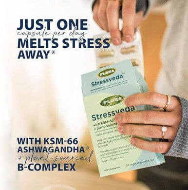 Flora Health Stressveda With Ksm66 Ashwagandha + Whole Food Vitamins B D C E Supports Stress Resistance & Energy Vegan & Gluten 30 Vegetarian Capsules