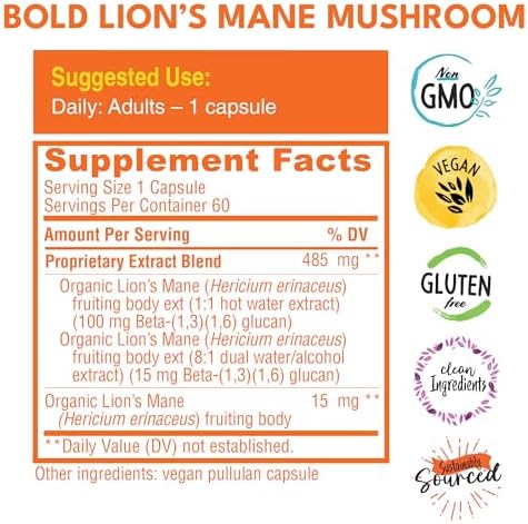 Bold Botanica LionS Mane Mushroom Capsules - 100% Fruiting Body Concentrated Organic LionS Mane Extracts Nootropic Brain Health Memory Mood Immune Support 60 Vegan Capsules