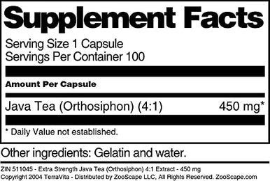 Terravita Extra Strength Java Tea (Orthosiphon) 4:1 Extract - 450 Mg (100 Capsules, Zin: 511045)