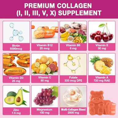 2-Pack Collagen Gummies For Women & Men - With Biotin, Vitamin C, & Zinc For Skin Radiance, Hair Growth, Strong Nails, & Joint Support, 120 Count